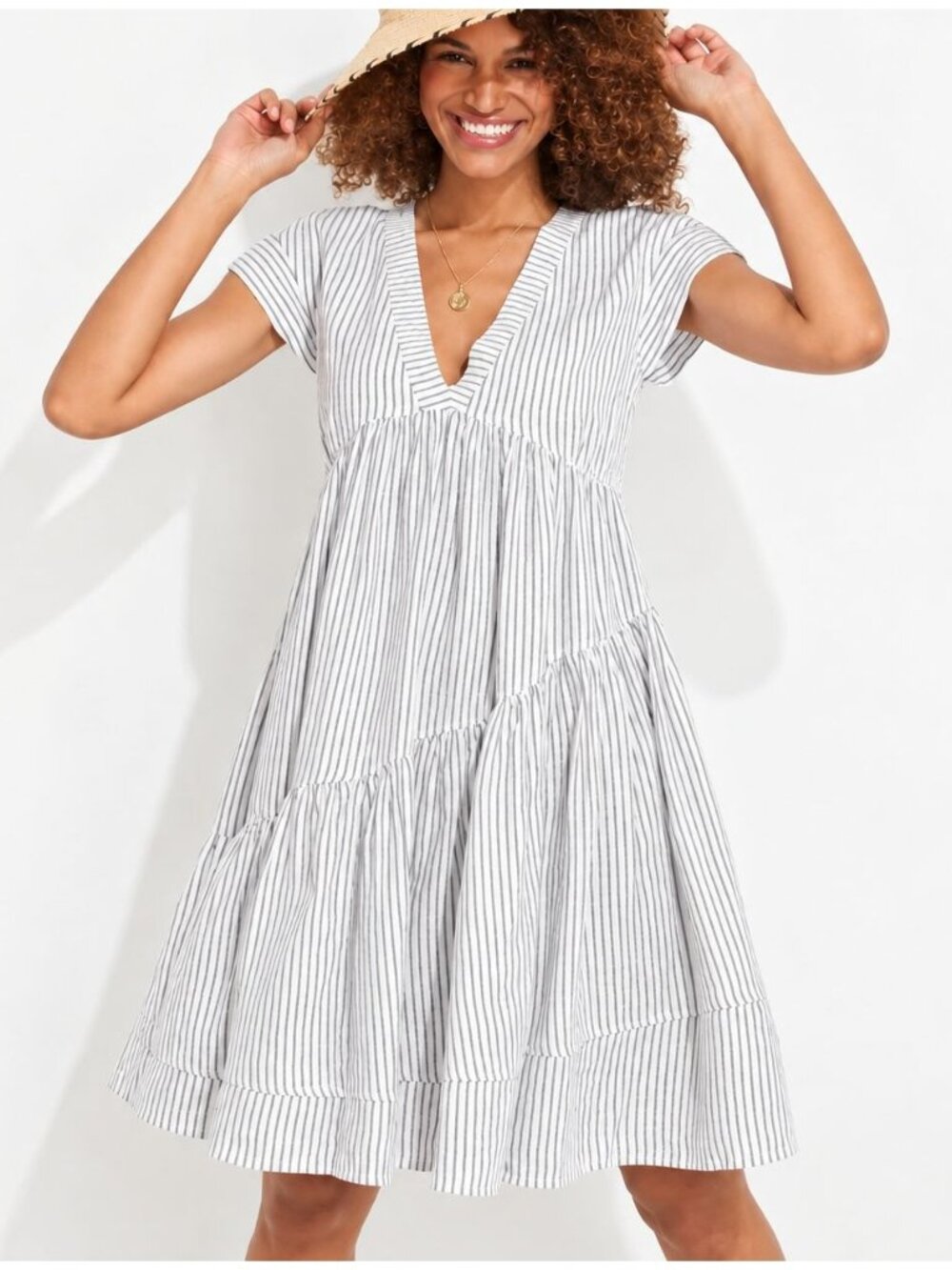 Vineyard Vines Jet Stripe Tiered 100% Linen Midi Dress V-Neck Sz M Coastal Beach